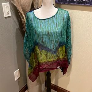 Pyramid Collection Watercolor Boho Art To Wear Abstract Sheer Poncho Top OS
